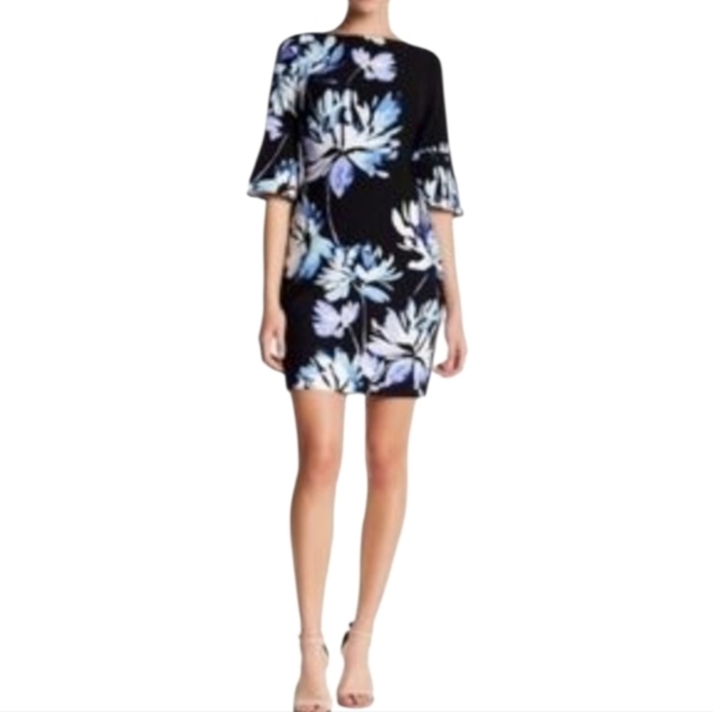 Vince Camuto Floral Print Sheath Dress Black Blue White Career Cocktail Party
